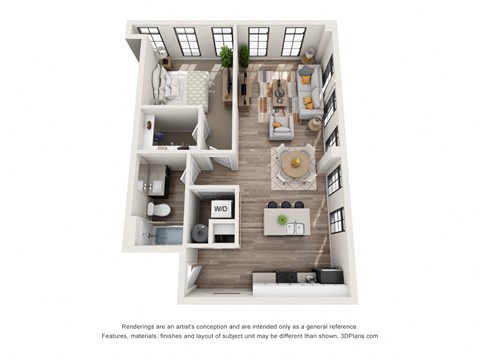 1 bed 1 bath floor plan J at 1400 Russell Apartments, Missouri, 63104